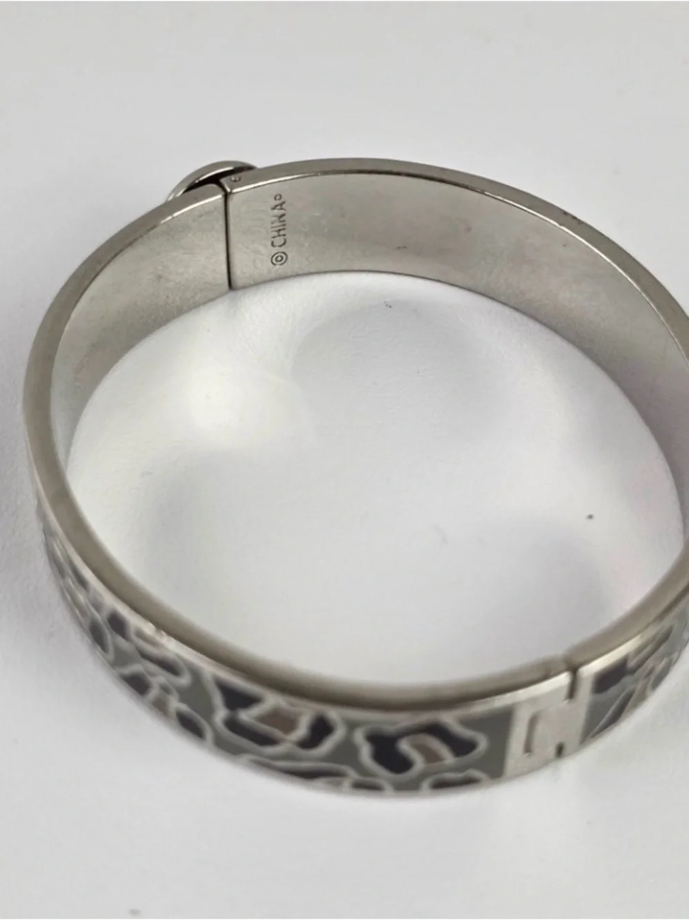 Coach Leopard Print Hinged Bangle Bracelet Silver Tone Black Grey Enamel Logo